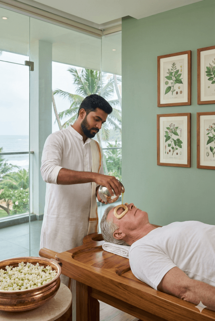 Shirodhara relaxing oil-stream therapy for stress at Sharmayu Clinic Virar